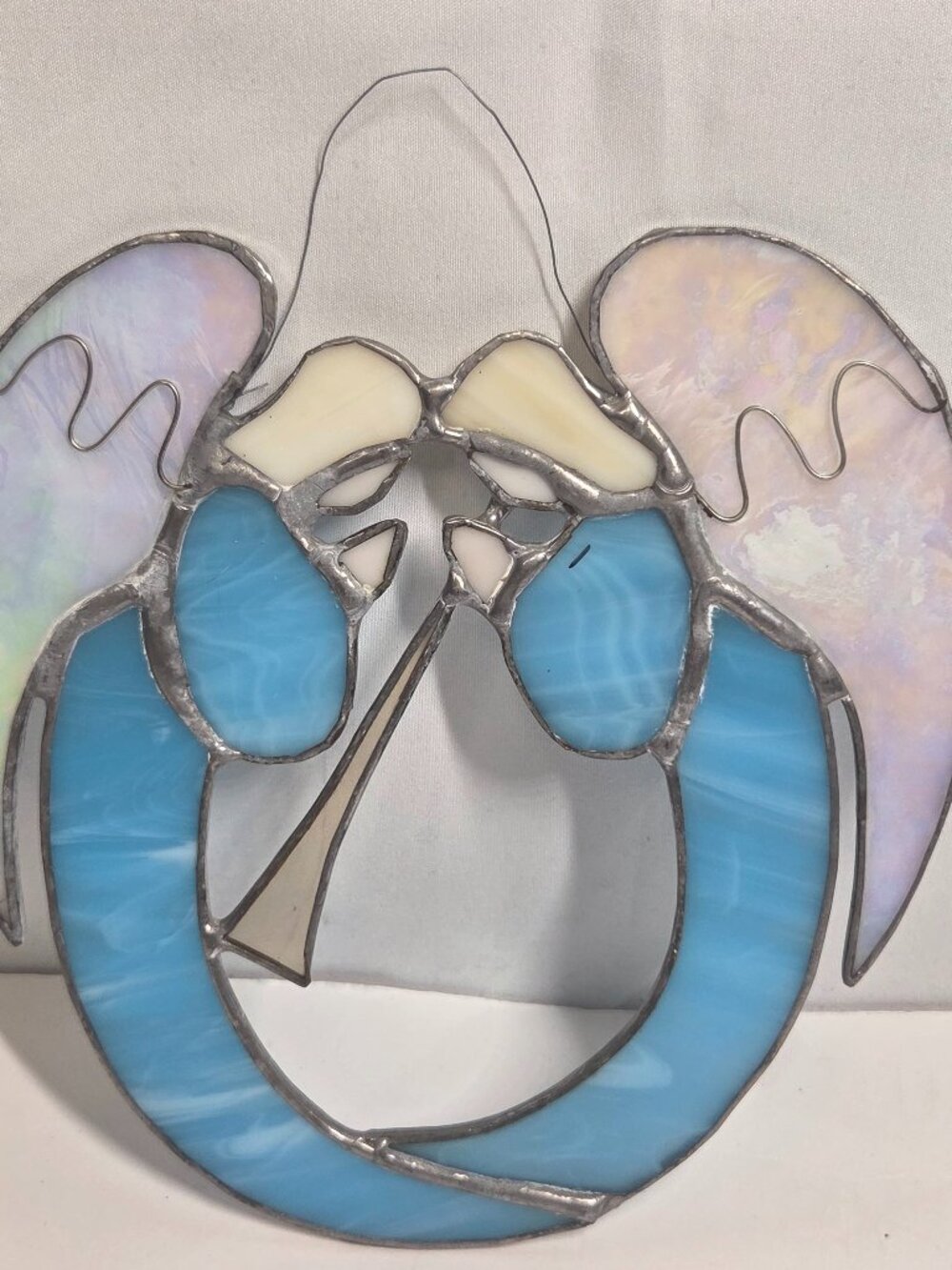 Vintage Stained Glass Angels Suncatcher window Blue Dual Angel Horn holiday xmas